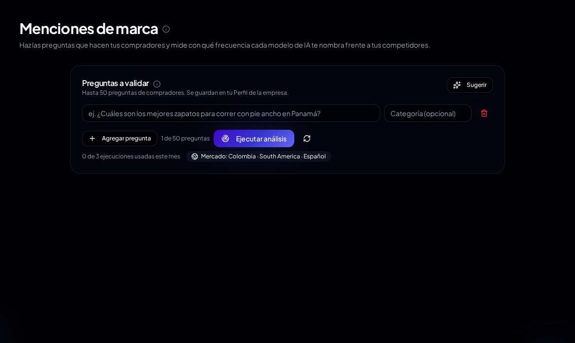 Brand Mentions screen where buyer questions are entered to measure how often each AI model names the brand