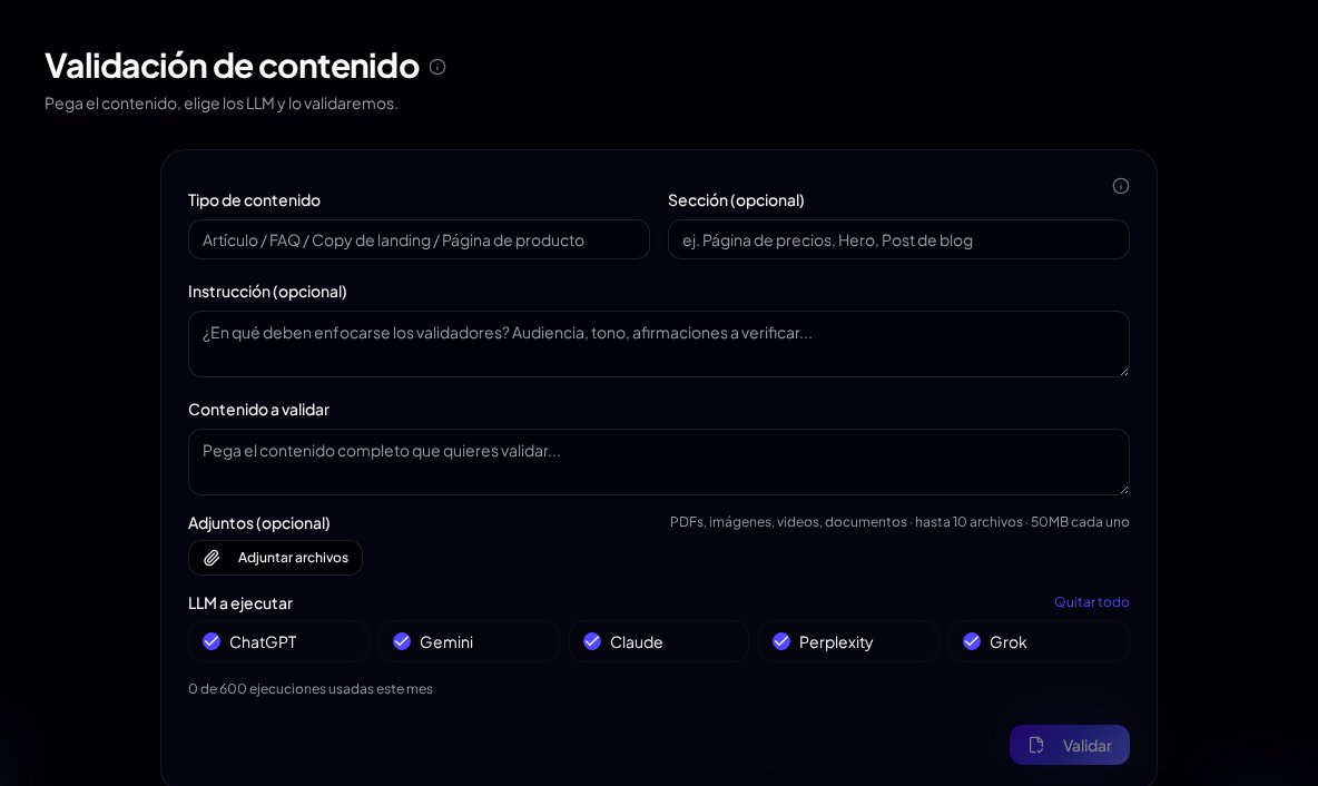 Content Validator form to paste content or attach files and choose ChatGPT, Gemini, Claude, Perplexity and Grok as validators